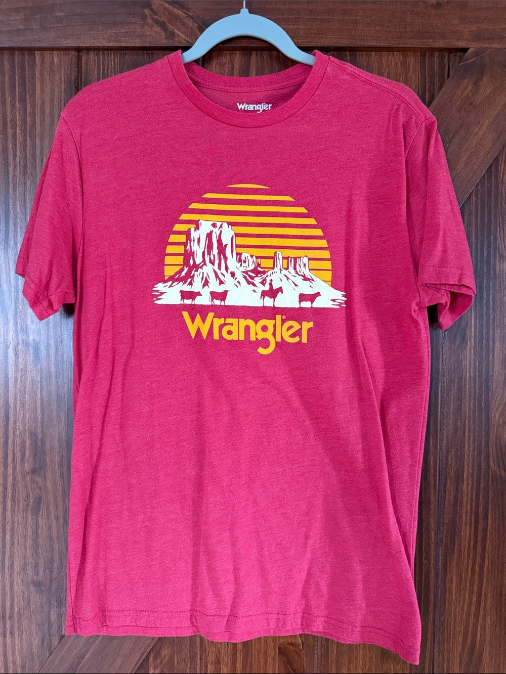 Wrangler Red Short Sleeve Tee with Yellow Sunset Graphic
